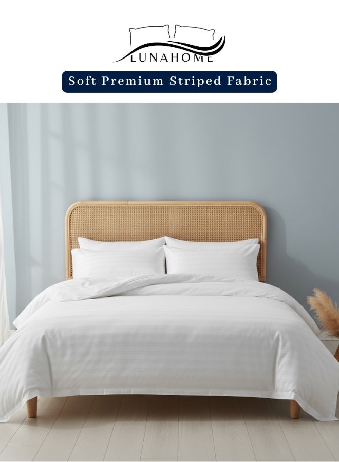 لونا هوم مجموعة غطاء لحاف Prime Hotel Stripe King Size 220 × 240 سم - 6 قطع: غطاء لحاف واحد (220 × 240 سم، بدون حشو)، 1 ملاءة سرير مزودة (200 × 200 + 30 سم)، 4 أغطية وسائد (50 × 75 سم). لون أبيض مخطط - Image 1